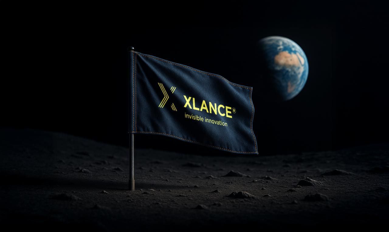 A denim flag in the space showing XLANCE logo